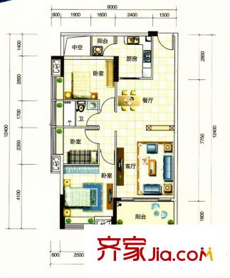 大步海濱花園三期3號(hào)樓標(biāo)準(zhǔn)層01單元01戶型 3室2廳1衛(wèi)1廚