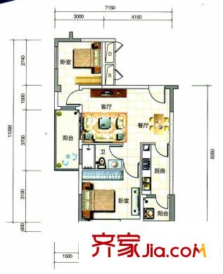 大步海濱花園三期3號(hào)樓標(biāo)準(zhǔn)層02單元04戶型 2室2廳1衛(wèi)1廚