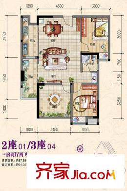 碧湖灣2座01戶型、3座04戶型 3室2廳2衛(wèi)1廚