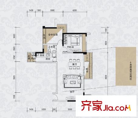 五福里2棟偶數(shù)層02戶型圖 1室2廳1衛(wèi)