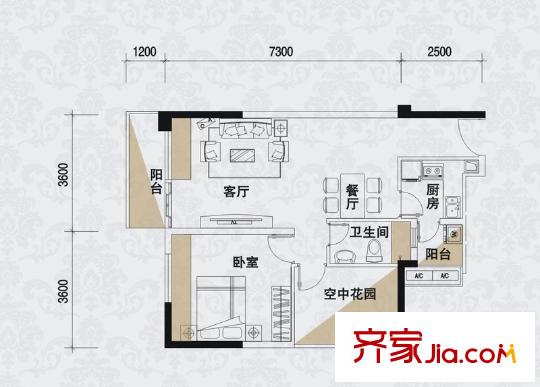 五福里1棟03戶型偶數(shù)標準層戶型圖 1室2廳1衛(wèi)