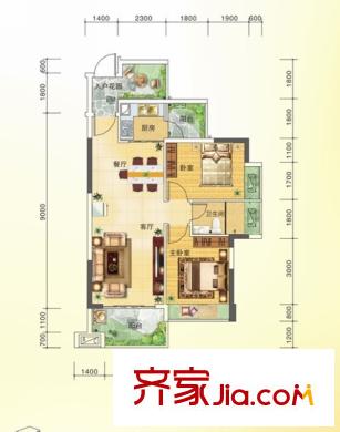 王洲灣1號3-5棟標(biāo)準(zhǔn)層B戶型 2室2廳1衛(wèi)1廚