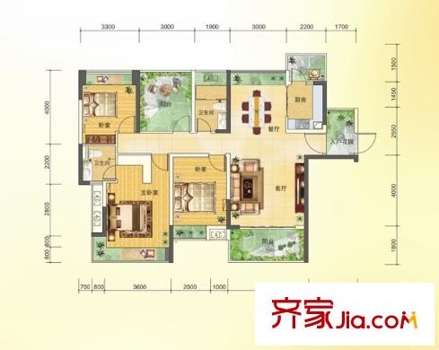 王洲灣1號(hào)1棟標(biāo)準(zhǔn)層C戶型 3室2廳2衛(wèi)1廚