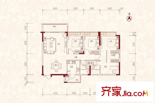 美麗灣畔花園二區(qū)03戶型（3-6號樓） 3室2廳2衛(wèi)1廚