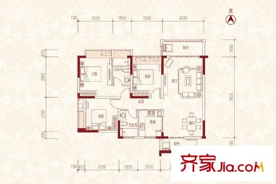 美麗灣畔花園二區(qū)04戶型 3室2廳2衛(wèi)1廚