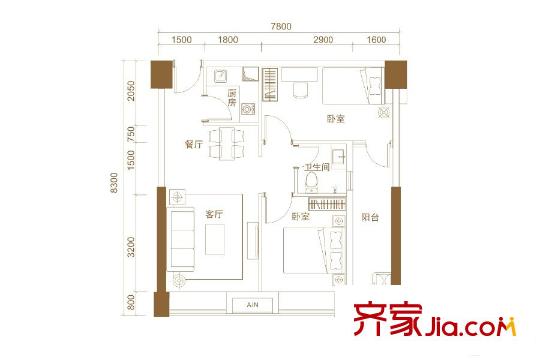卓越時代廣場B4戶型 2室2廳1衛(wèi)1廚