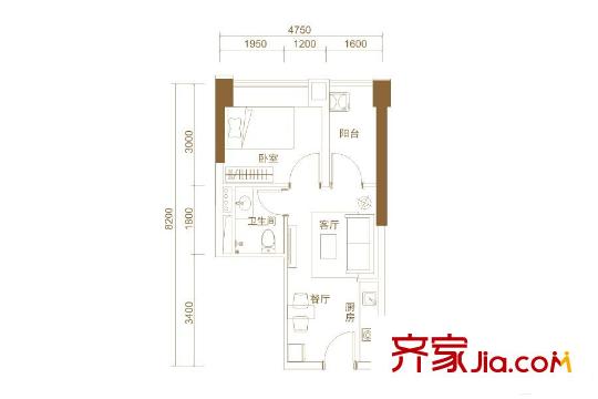 卓越時代廣場B3戶型 1室1廳1衛(wèi)1廚