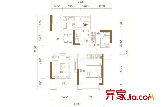 卓越時代廣場A3戶型 2室2廳1衛(wèi)1廚