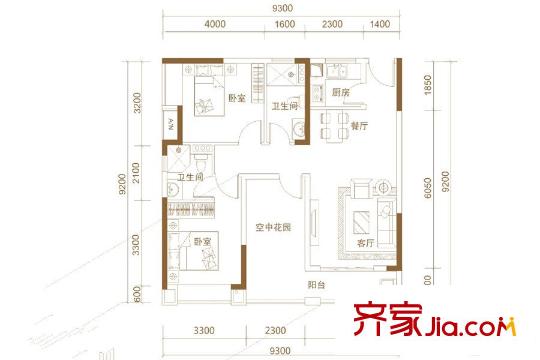 卓越時(shí)代廣場(chǎng)A2戶型 3室2廳2衛(wèi)1廚