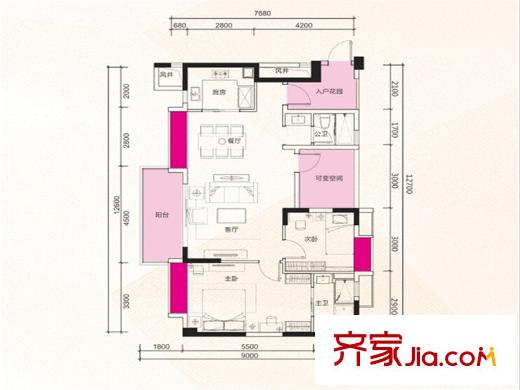 漢邦66廣場(chǎng)01戶型 3室2廳2衛(wèi)1廚