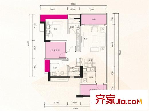 漢邦66廣場(chǎng)02戶型 3室2廳2衛(wèi)1廚