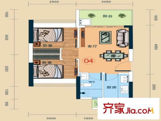 尚品居56平方米04戶型兩室兩廳一衛(wèi) 2室2廳1衛(wèi)1廚