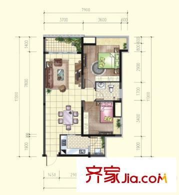 望龍軒1-2棟標(biāo)準(zhǔn)層01戶型 2室2廳1衛(wèi)1廚