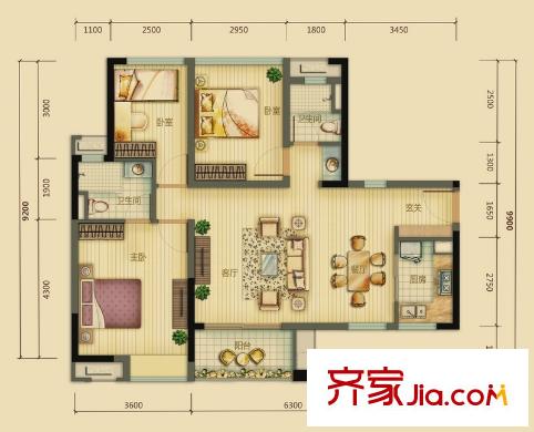 萬科金域國際3-5棟01、04單元標準層流金歲月戶型 3室2廳2衛(wèi)1廚