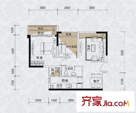 五福里2棟01戶型 1室2廳1衛(wèi)