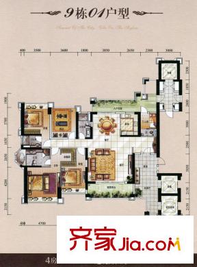 君御旗峰豪園9棟標準層01戶型 4室2廳4衛(wèi)1廚