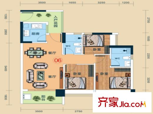 尚品居91平方米06戶型三室兩廳兩衛(wèi) 3室2廳2衛(wèi)1廚