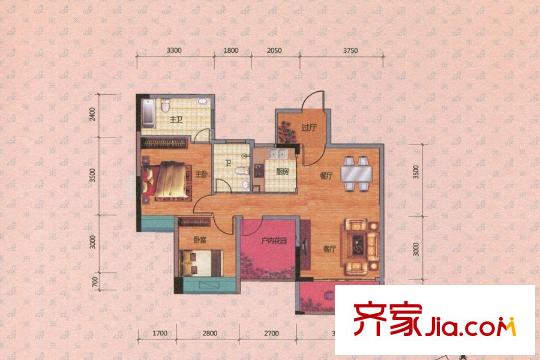 景泰?中央銀座D戶型 3室2廳2衛(wèi)1廚