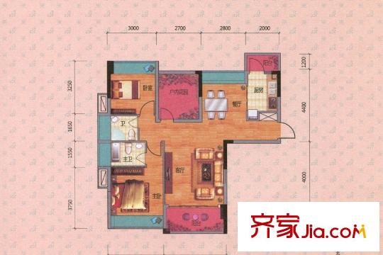 景泰?中央銀座A戶型 3室2廳2衛(wèi)1廚