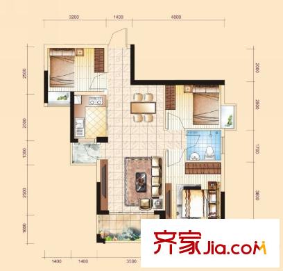 富盈四季華庭1-2、11-12棟標準層A3戶型 3室2廳1衛(wèi)1廚