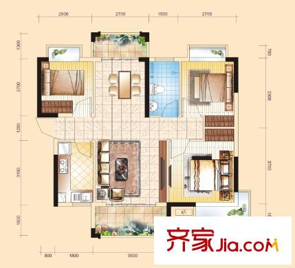 富盈四季華庭1-2、11-12棟標準層A1戶型 3室2廳1衛(wèi)1廚