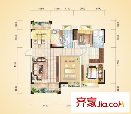 富盈四季華庭3/4/5棟標準層02戶型 2室2廳2衛(wèi)1廚