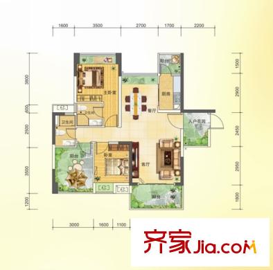 王洲灣1號1、5棟標(biāo)準(zhǔn)層D戶型 2室2廳2衛(wèi)1廚