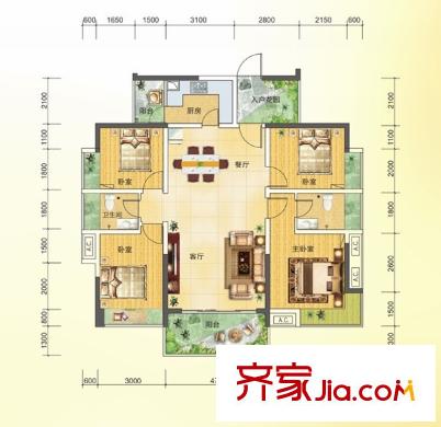 王洲灣1號(hào)6棟標(biāo)準(zhǔn)層H戶型 4室2廳2衛(wèi)1廚