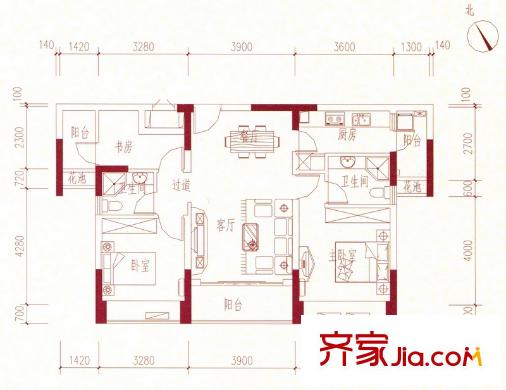 美麗灣畔花園3號樓標準層02戶型 3室2廳2衛(wèi)1廚