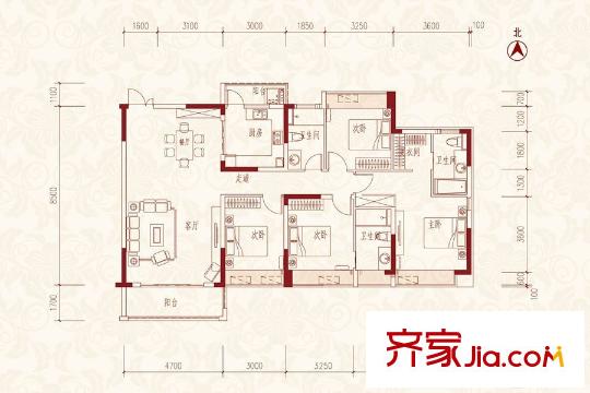 美麗灣畔花園二區(qū)02戶型（1-6號樓） 4室2廳3衛(wèi)1廚