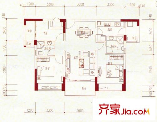 美麗灣畔花園1號樓標準層02戶型 3室2廳2衛(wèi)1廚