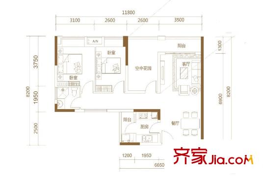 卓越時(shí)代廣場(chǎng)A1-02戶型 3室2廳1衛(wèi)1廚