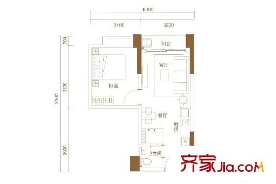 卓越時代廣場B2戶型 1室1廳1衛(wèi)1廚