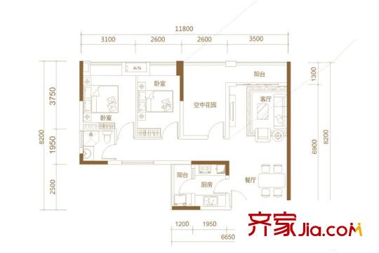 卓越時(shí)代廣場(chǎng)A1-01戶型 3室2廳1衛(wèi)1廚