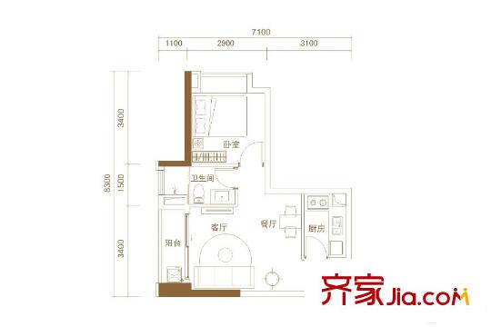 卓越時代廣場B1戶型 1室1廳1衛(wèi)1廚