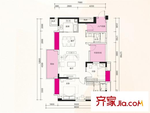 漢邦66廣場(chǎng)A戶型 3室2廳2衛(wèi)1廚