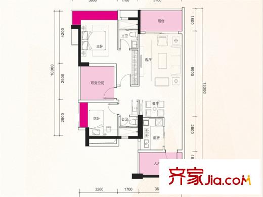 漢邦66廣場(chǎng)B戶型 3室2廳2衛(wèi)1廚
