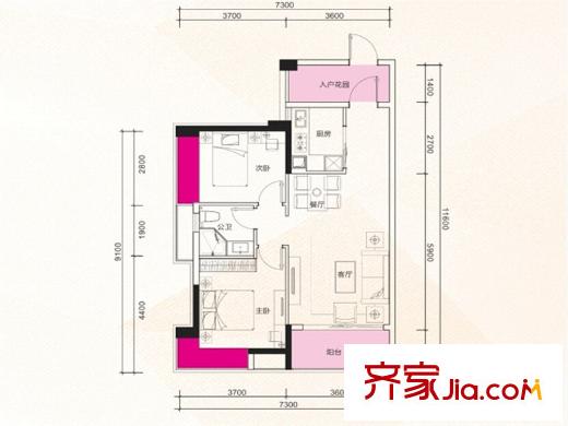 漢邦66廣場(chǎng)03戶型 2室2廳1衛(wèi)2廚