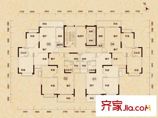 恒大帝景8棟2單元01-04戶型標準層 2室2廳1衛(wèi)1廚