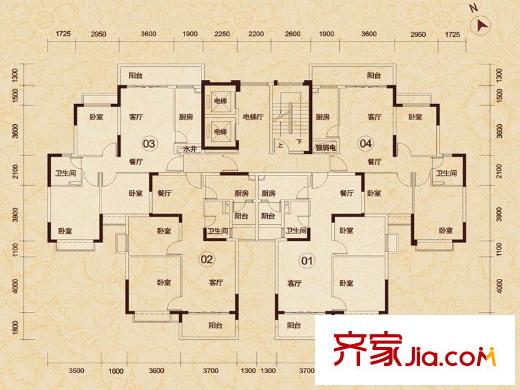 恒大帝景8棟1單元01-04戶型標準層 2室2廳1衛(wèi)1廚