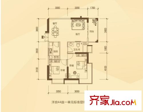 天林湖花園44棟1單元03戶型 2室2廳1衛(wèi)