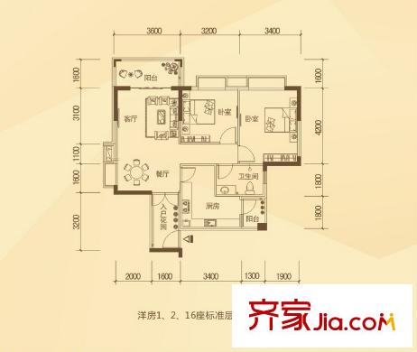 天林湖花園1、2、16棟03戶型 2室2廳1衛(wèi)1廚