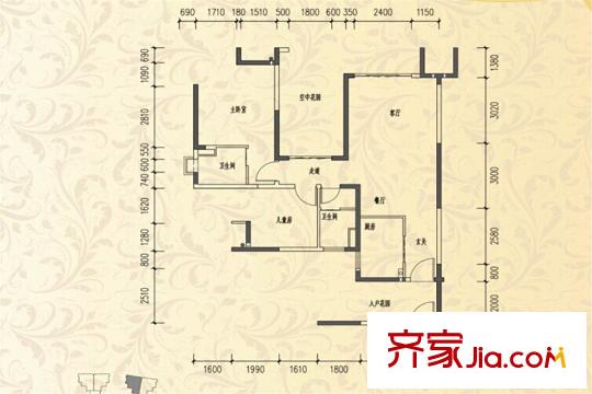 新世紀(jì)上河居A05平面戶型圖 2室2廳2衛(wèi)1廚