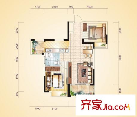富盈四季華庭3/4/5棟標準層03戶型 1室1廳1衛(wèi)1廚