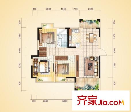 富盈四季華庭3/4/5棟標準層01戶型 3室2廳1衛(wèi)1廚