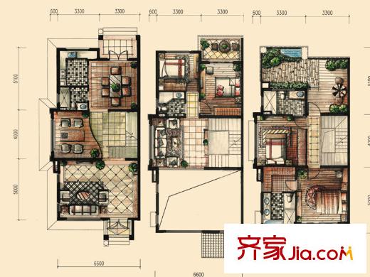 富盈加州陽光藍(lán)勛別墅戶型圖 4室3廳3衛(wèi)1廚
