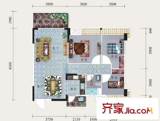 格蘭名筑9棟、4棟D2戶型 3室2廳1衛(wèi)1廚