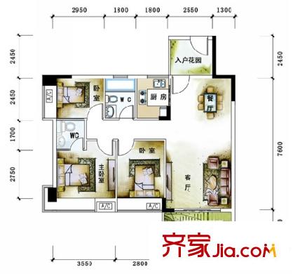 格蘭名筑11棟標(biāo)準(zhǔn)層02戶型 3室2廳2衛(wèi)1廚