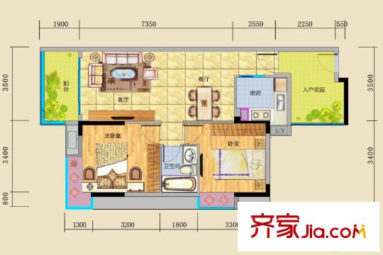 碧河四期水云天公館戶型3-01 2室2廳1衛(wèi)1廚