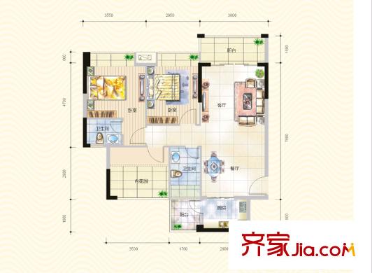 東江華府A1A2戶型 3室2廳1衛(wèi)1廚